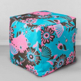 Пуфик-кубик Цветы бирюзовые, мебельный хлопок