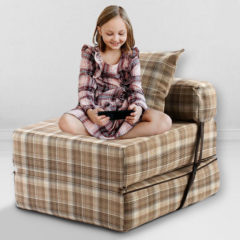 Бескаркасное Кресло-кровать Коричневая клетка, размер ХXXХL, мебельный велюр